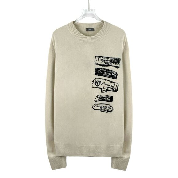 CHRISTIAN DIOR Logo Label Print Beige Wool Crewneck Sweater Size L Made In Italy - Picture 1 of 7